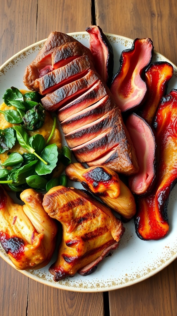 A hearty plate of grilled meats including ribeye steak, bacon, and chicken thighs with sautéed spinach.
